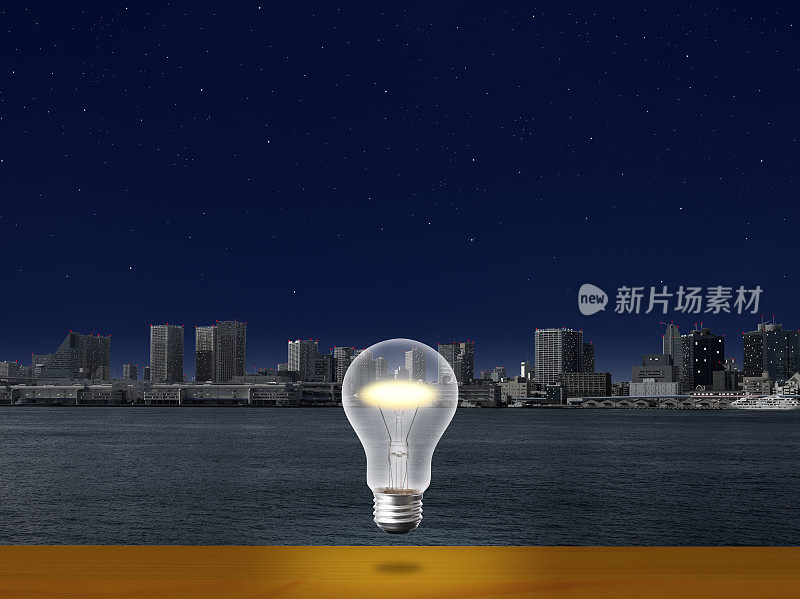 东京湾地区的架子上方，灯泡在半空中发光。