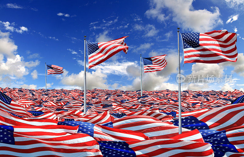 晴朗的蓝天上，一大群美国人挥舞着国旗