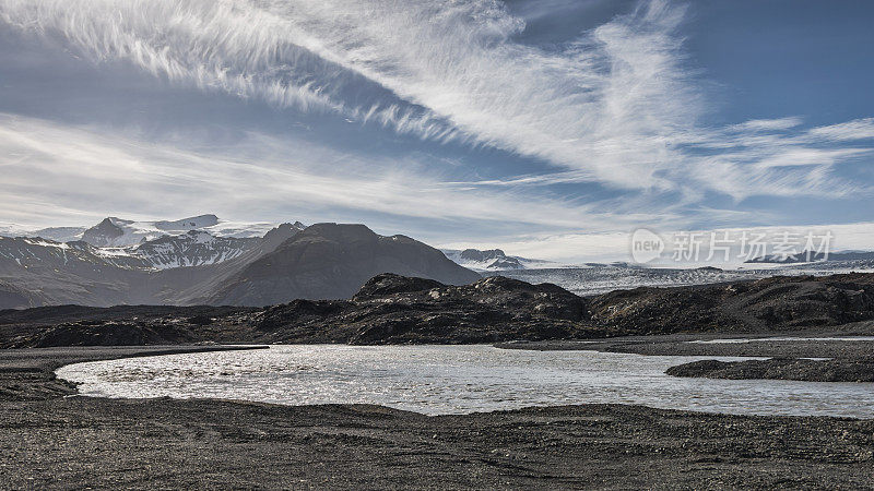 冰岛Vatnajökull夏季火山砾石场内的冰川湖