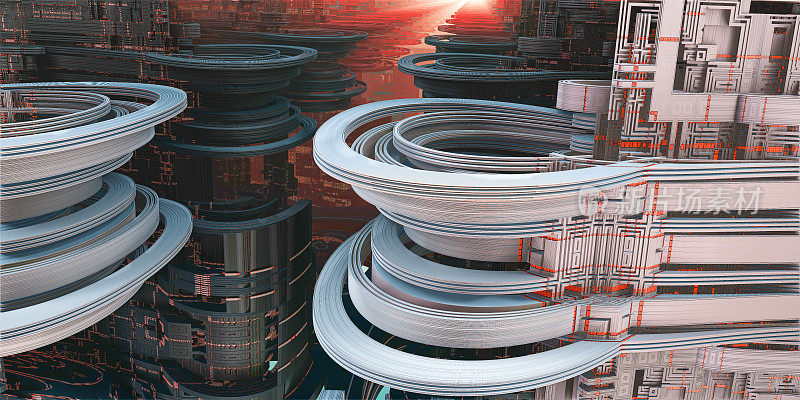 一个美丽的无限数学曼德尔布罗特集分形未来城市的3D插图。