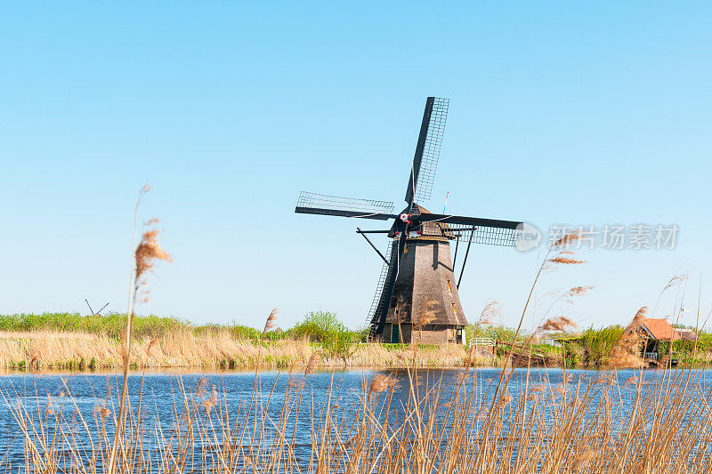 传统的荷兰风车，在荷兰的Kinderdijk