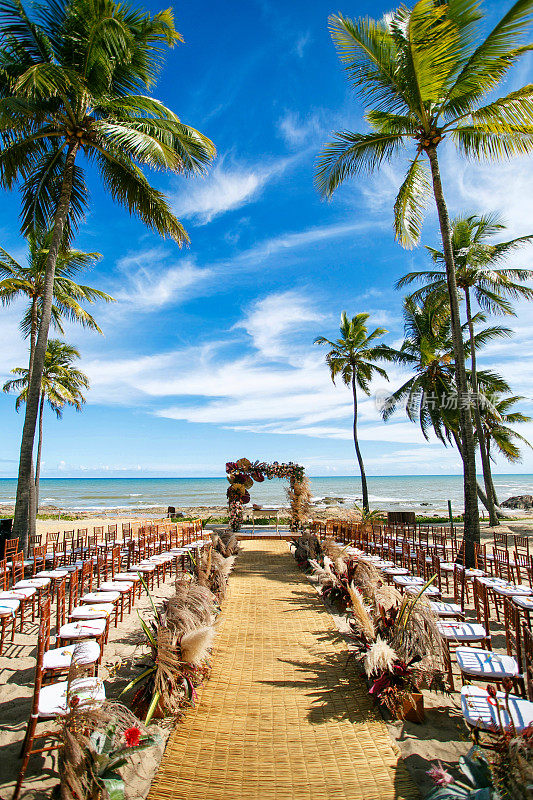 巴西巴伊亚海滩上的热带天堂婚礼装饰-在海滩上举行的仪式。