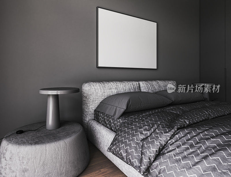 灰色的卧室。床在深色的木地板上。极简主义设计的卧室与模拟相框。3d渲染没有人。高质量3d插图