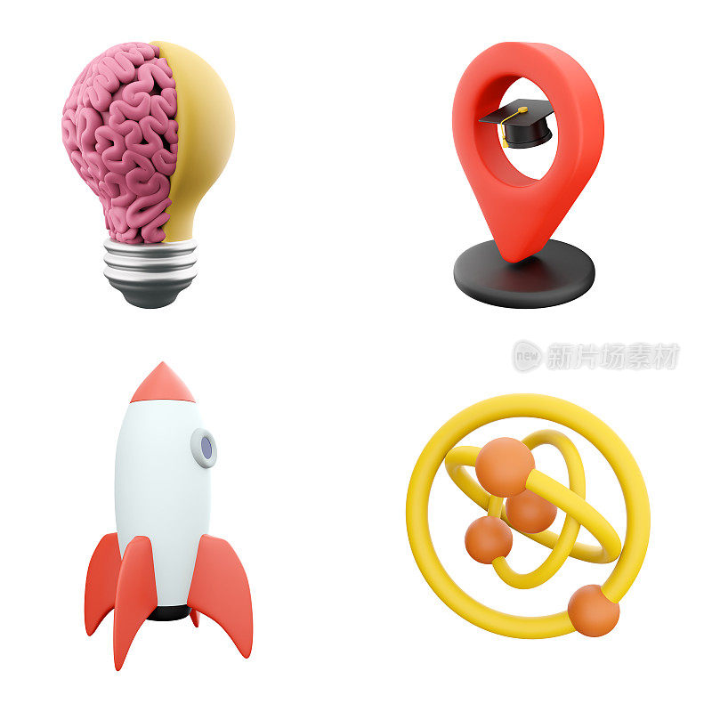 3d渲染灯泡与大脑，位置标志与学术帽，火箭和原子图标集。3d渲染科学教育概念图标集