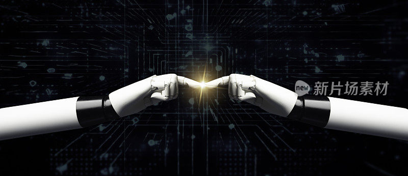 未来人工智能概念触碰机器人之手与网络空间中的机器人，数字未来中的技术互动。