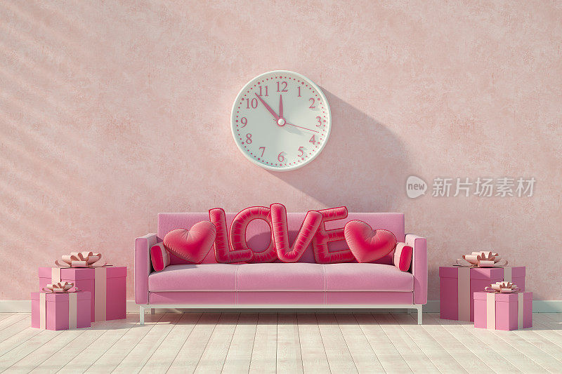 情人节概念搭配粉色沙发，爱心枕头
