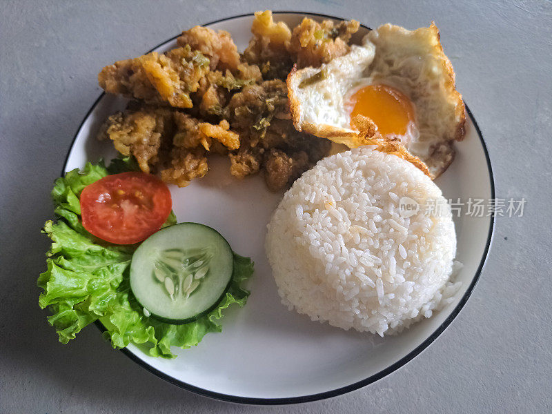 配米饭，鸡肉，单面煎蛋卷，生菜，番茄片和黄瓜片。食品菜单。