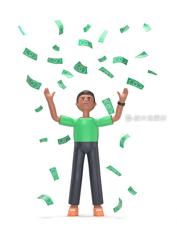 3D插图英俊的非洲人大卫庆祝成功站在钱雨钞票现金下降。成功的概念，成就。白色背景的3D渲染