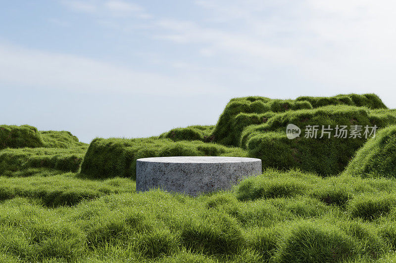 抽象的3d渲染平台和实体的自然背景，石头讲台上的草地背景，草甸山用于产品展台展示，广告等