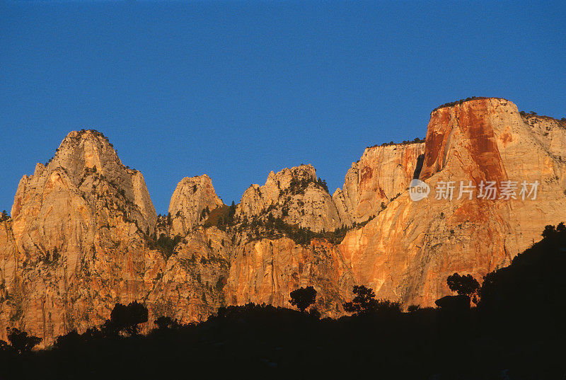 日出时的圣母塔展示了纳瓦霍砂岩地层。锡安国家公园，犹他州。