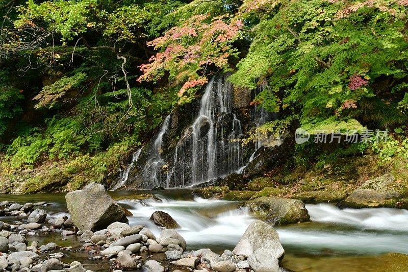 瀑布和初秋颜色的中野桃山，黑石，青森县