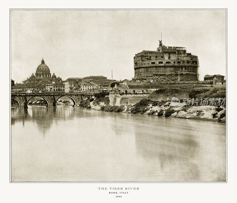 圣安杰洛和台伯，罗马，意大利，古代意大利照片，1893