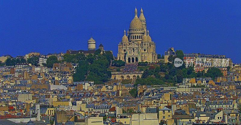 从上空俯瞰圣心和蒙马特——法国巴黎鸟瞰图