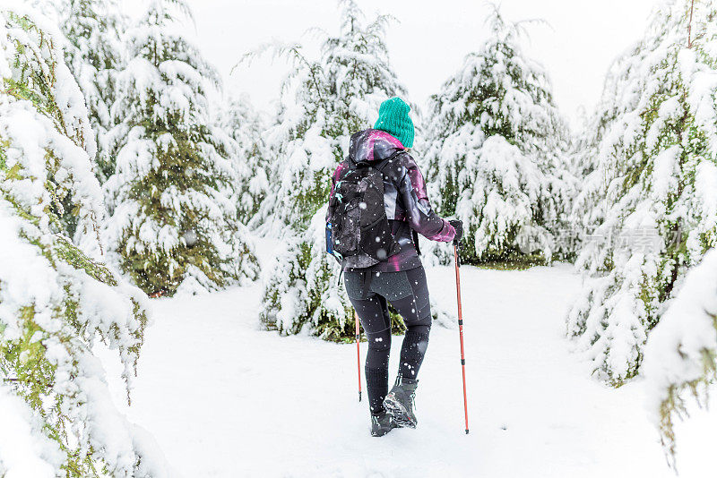 在多雪的冬天徒步旅行的女人
