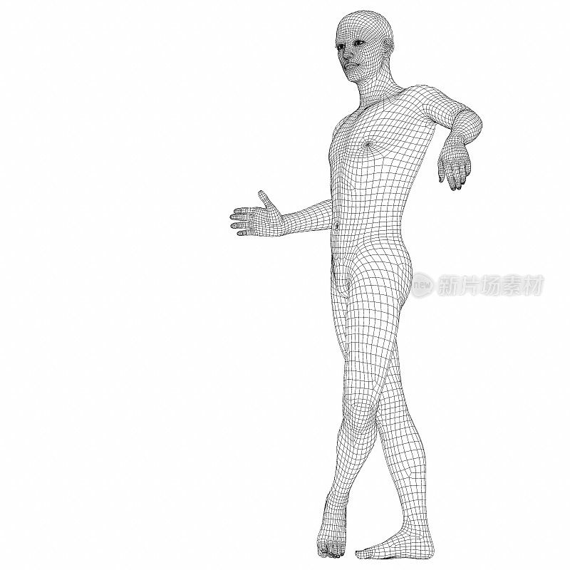 一个站立的线框男性半机械人的3D渲染。