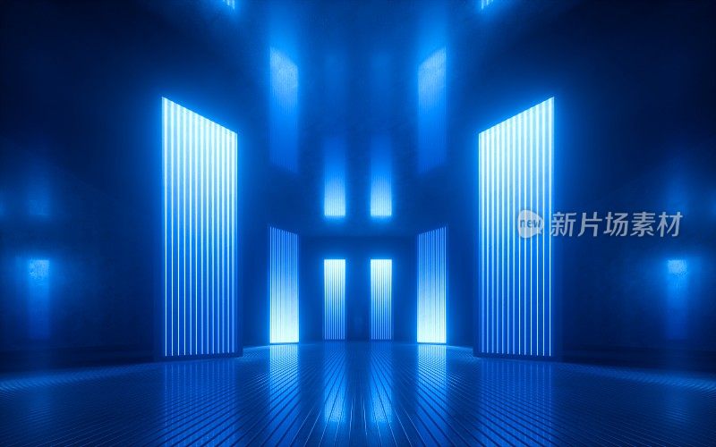 3d渲染，蓝色霓虹抽象背景，紫外光，夜店空房室内，隧道或走廊，发光板，时尚领奖台，表演舞台装饰，
