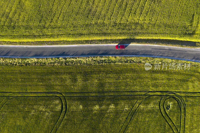 田野间公路上的红色汽车，鸟瞰图