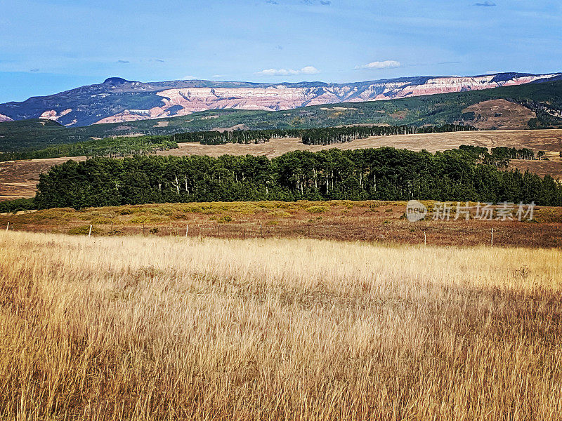 跨越高海拔的牧场和牧场在马冈特高原与雪松打破国家纪念碑和布莱恩头峰在遥远的背景上的科洛布水库犹他州