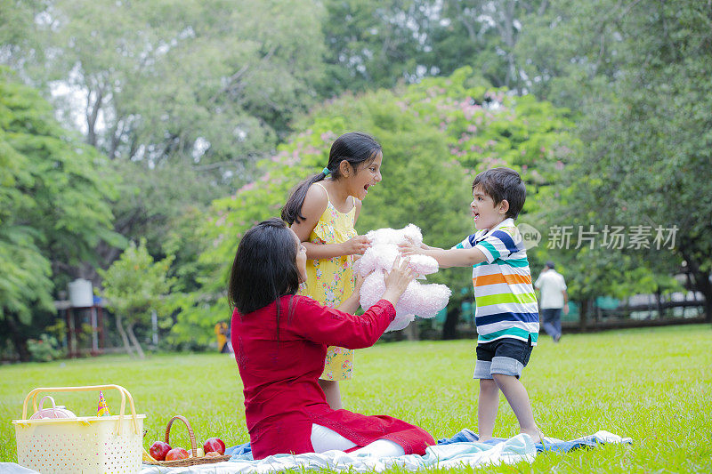 快乐的家庭享受野餐在自然在夏季股票照片