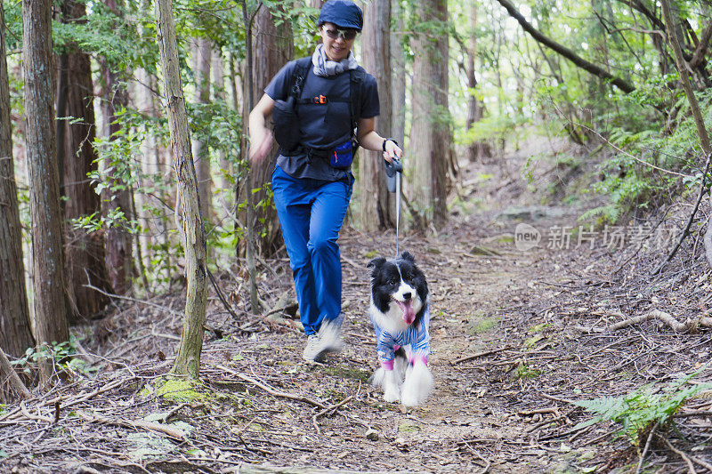 女人喜欢和边境牧羊犬一起徒步旅行