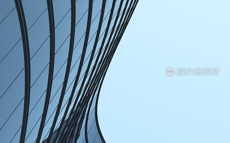 3D模拟高楼曲线的玻璃建筑和暗色钢窗系统在湛蓝明朗的天空背景下，未来建筑的商业理念，仰望建筑的转角。