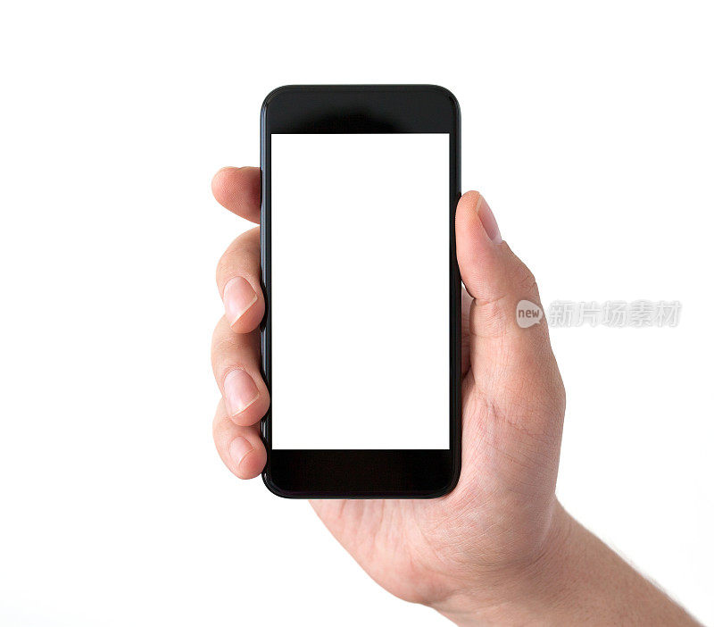 孤立的男子手握黑色手机与白色屏幕