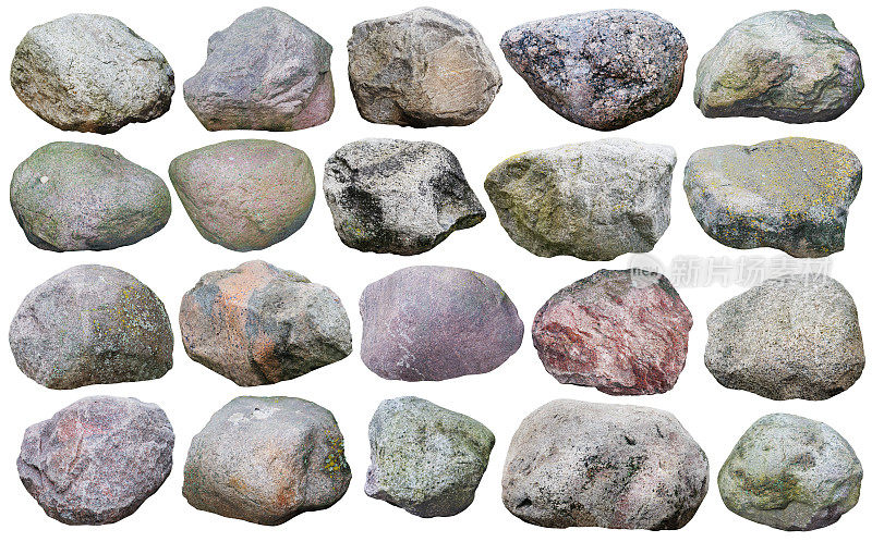 20块各种形状和颜色的大花岗岩和巨石。孤立的白色拼贴从许多户外照片