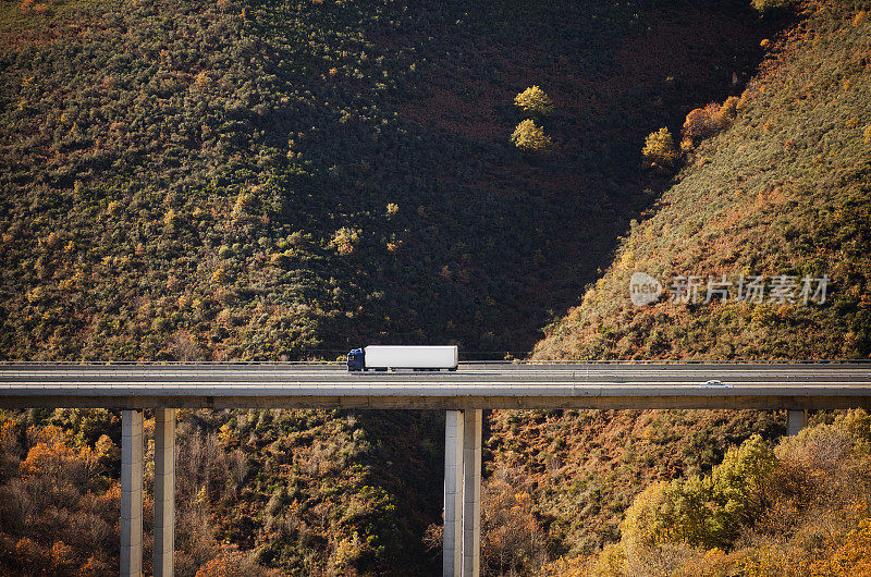 一辆卡车正穿越高山间的高架桥