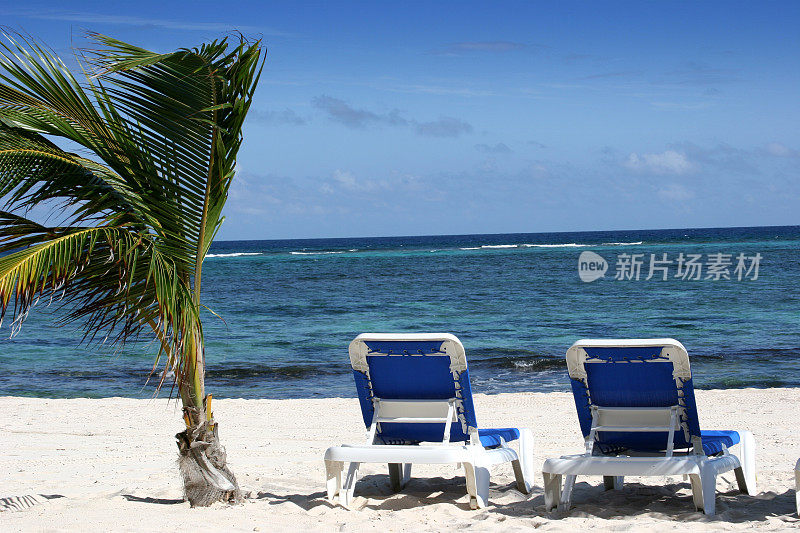 热带海滩。加勒比海，大开曼岛。海洋。空椅子。
