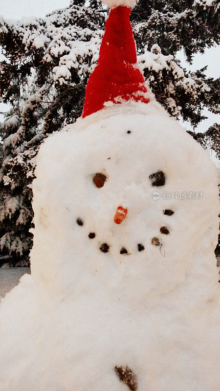 戴着红帽微笑雪人的大头照