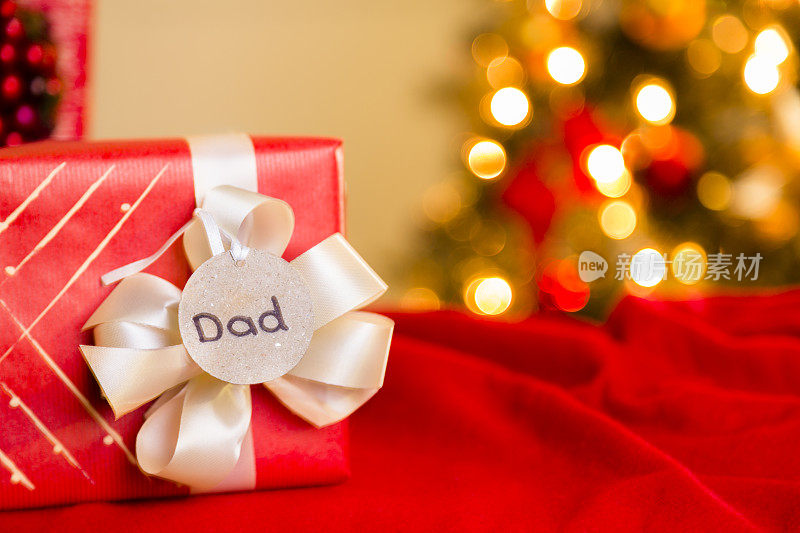 圣诞节:给爸爸包装精美的节日礼物。树在后台。