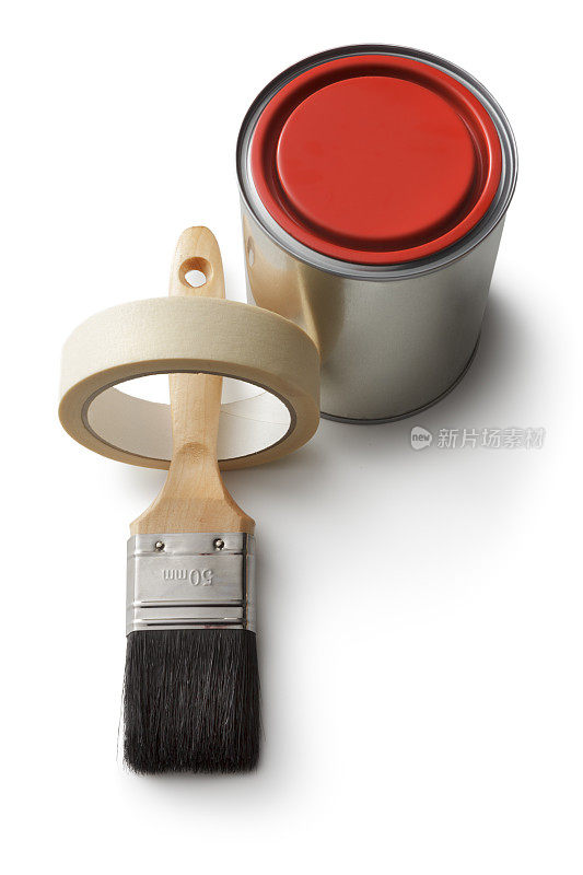 油漆:油漆罐，刷子和胶带隔离在白色背景上