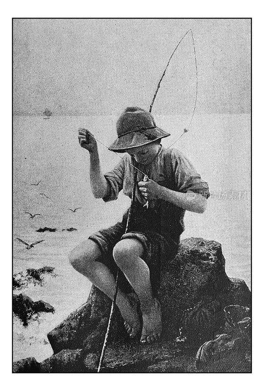 古董点印绘画照片:男孩渔夫