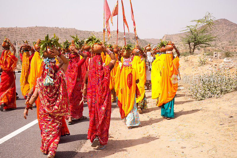拉贾斯坦邦妇女穿着鲜艳的纱丽参加节日