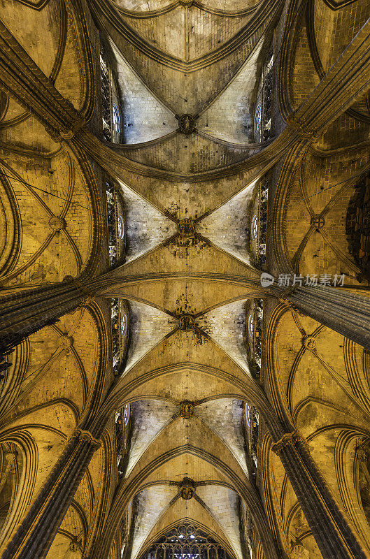 西班牙巴塞罗那大教堂高耸的拱门和细长的柱子