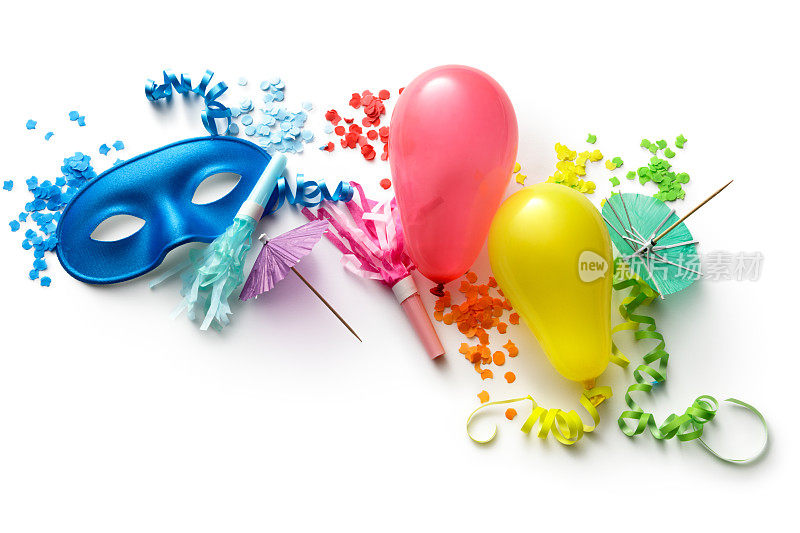 派对:气球，吹风机，飘带，彩纸和面具孤立的白色背景