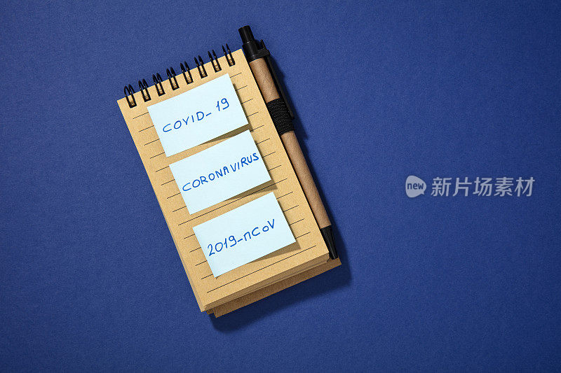 Covid-19，冠状病毒，2019-nCoV文字笔记，蓝色背景笔