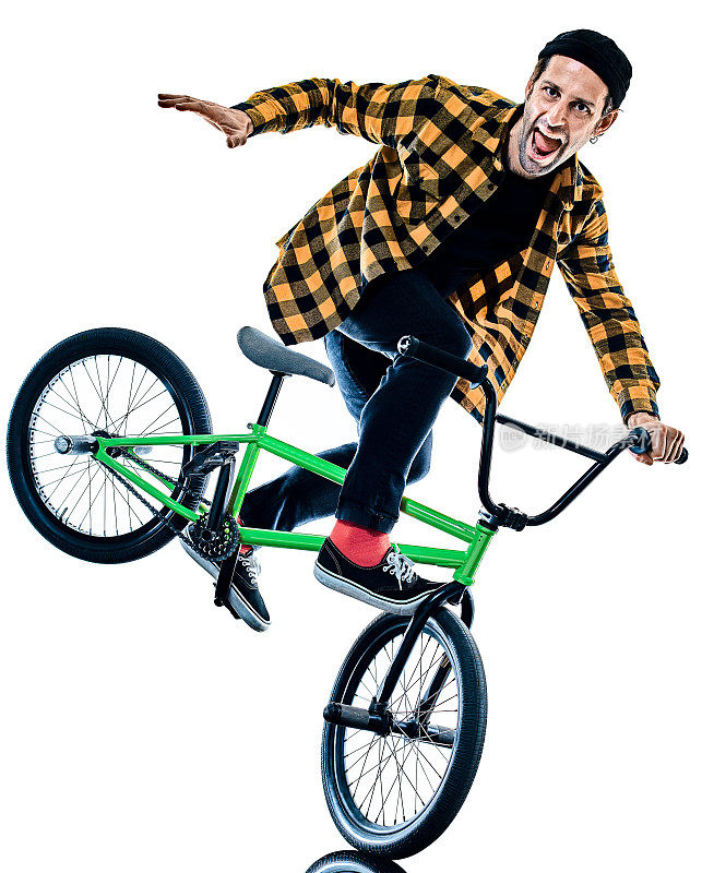 小轮车骑手自行车自行车自由式杂技特技孤立的白色背景
