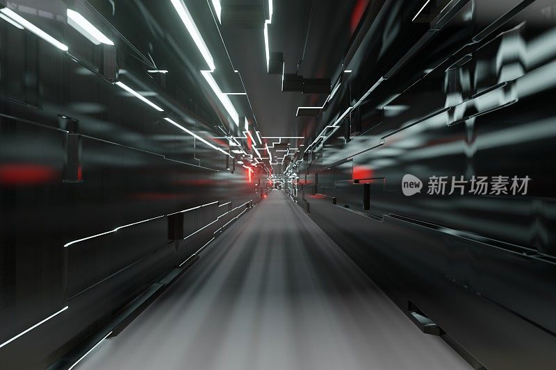 带有红色警示灯的科幻风格的走廊隧道