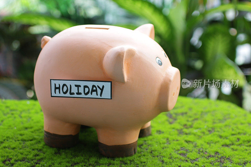 存钱罐的形象与插槽顶部与假日标签，家庭财务和储蓄的概念