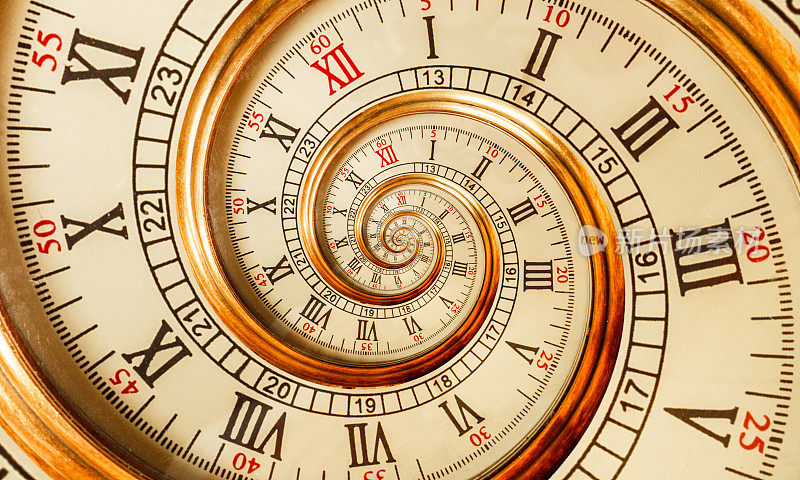 金黄色的古色古香的螺旋形古钟以机械分形为背景。时间螺旋概念图像海报