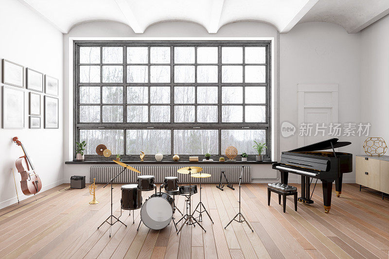 房间里的爵士乐器有低音提琴，三角钢琴，小号和鼓