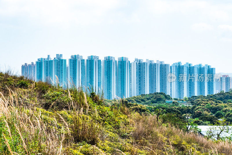 中国香港天水围湿地公园上方的高层公寓。