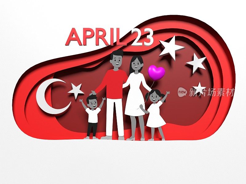 4月23日国际儿童节贺卡，一个家庭在纸上用英语制作土耳其国旗