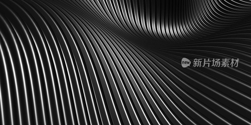 平行线黑色塑料管纹理黑色曲线扭曲形状现代抽象3d插图