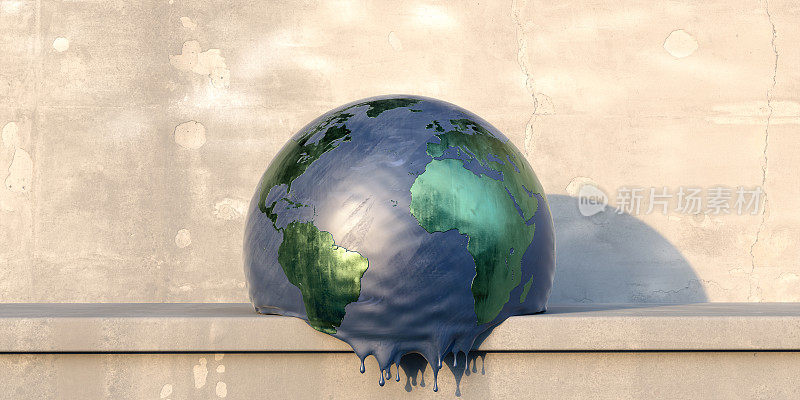 一个在混凝土架子上的正在融化的地球模型，标志着全球变暖