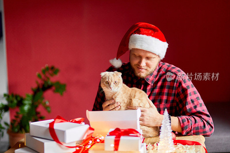 兽医戴着圣诞帽，手里拿着猫，为新年和圣诞节制作贺卡