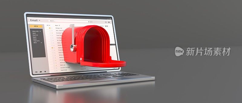 红色复古邮箱打开出笔记本电脑屏幕，灰色背景。电子邮件收件箱。三维演示