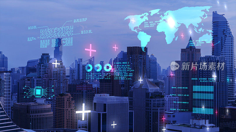智慧城市物联网物联网ICT数字技术未来化、自动化管理智能数字技术安全和电力能源可持续发展的元空间城市虚拟增强