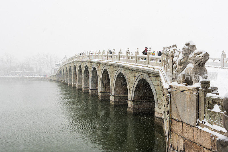 雪中，北京颐和园十七孔桥上的石狮